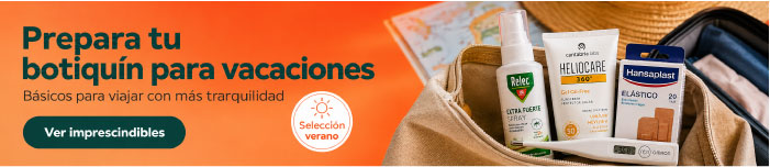 Botiquín de vacaciones con básicos de viaje | diemFarma Botiquín de viaje con fotoprotector Heliocare, repelente, tiritas y termómetro para vacaciones