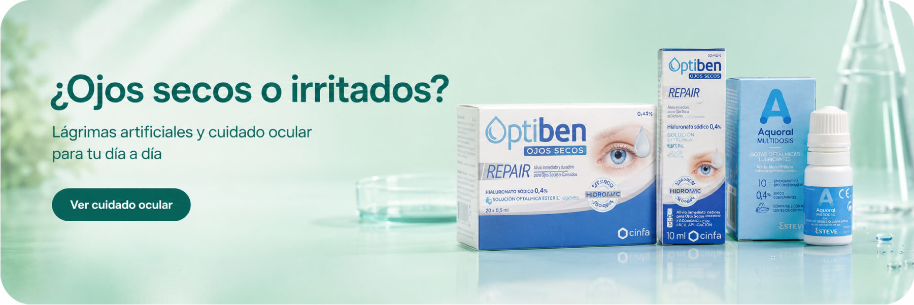 Ojos secos o irritados: lágrimas artificiales y cuidado ocular en diemFarma Banner de cuidado ocular para ojos secos o irritados con lágrimas artificiales Optiben Repair y Aquoral Multidosis