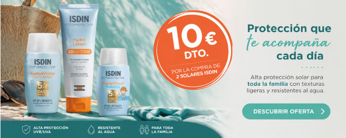 Protección solar ISDIN con 10 euros de descuento Fotoprotectores ISDIN con promoción de 10 euros de descuento por la compra de dos solares