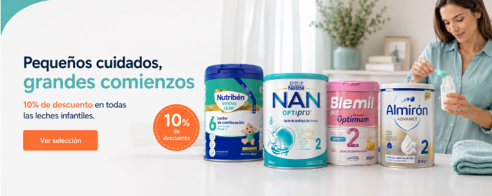 Pequeños cuidados, grandes comienzos con leches infantiles seleccionadas Leches infantiles Nutribén, NAN, Blemil y Almirón con promoción del 10% de descuento