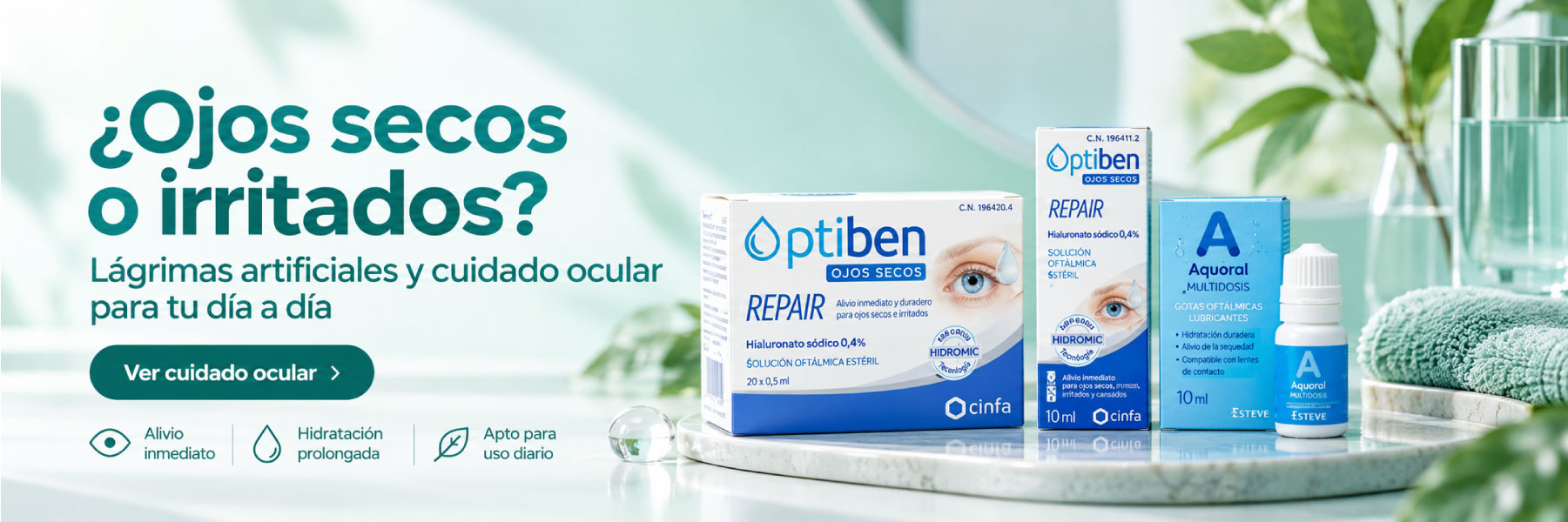 Cuidado ocular para ojos secos e irritados | diemFarma Lágrimas artificiales Optiben y Aquoral para ojos secos e irritados